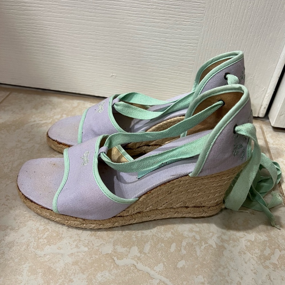 Anya Hindmarch made in Spain, purple lavender and green espadrille wedges